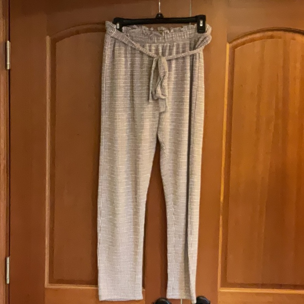 Tan and Off White Textured Pants with Tie Waist